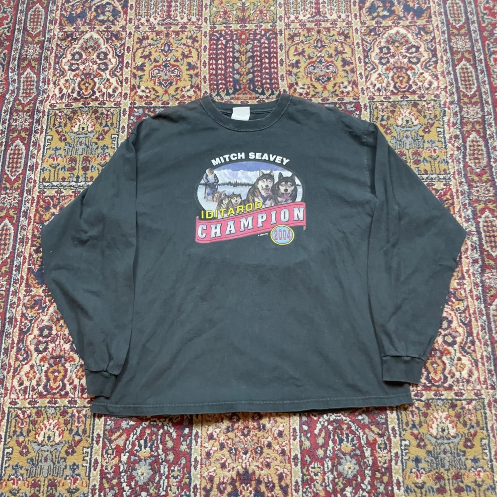 VTG 2004 Iditarod Champion Mitch Seavey Long Sleeve Shirt Mens XL Black Tee